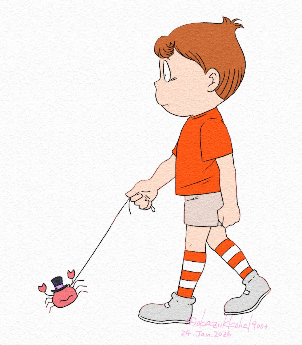 カニ仙人によりカニになった2世を散歩させるうもれぎさん（謎シチュ）を描きました。