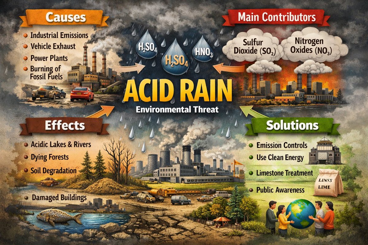 Edufy_GS's tweet photo. Acid rain is caused by SO₂ &amp; NOₓ from power plants, industries, and vehicles.
🌱 Solutions: clean energy, emission control, afforestation &amp; public awareness.
#Environment #AcidRain #UPSC #ClimateChange #GS3 https://t.co/aSNOFoc7U1