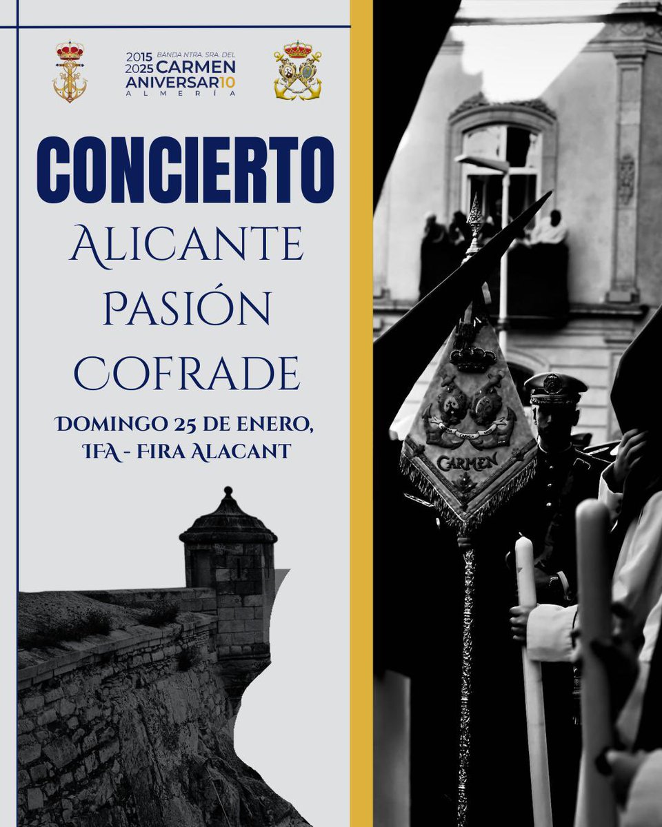 𝐂𝐎𝐍𝐂𝐈𝐄𝐑𝐓𝐎 - 𝐀𝐋𝐈𝐂𝐀𝐍𝐓𝐄 𝐏𝐀𝐒𝐈Ó𝐍 𝐂𝐎𝐅𝐑𝐀𝐃𝐄

En el día de mañana nuestra formación se desplazará hasta Alicante para participar en @alc_pasioncofrade en @firalacant donde compartiremos escenario con más de 7 bandas del panorama nacional. ¡Os esperamos!