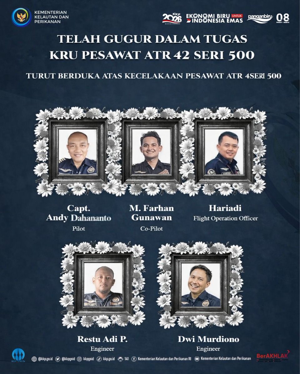 Keluarga besar KKP mengucapkan turut berduka sedalam-dalamnya atas berpulangnya keluarga kami yang gugur dalam tugas pengawasan Sumber Daya Kelautan dan Perikanan Indonesia. 
Terima kasih atas dedikasi yg telah dipersembahkan untuk negara 🥀
#PrayForPKTHT #KKP2026GrowStronger