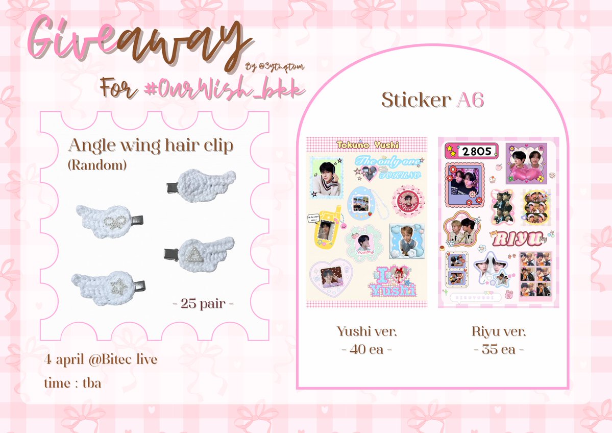 3ytnqtom's tweet image. 𝑷𝒍𝒔 𝒌𝒊𝒏𝒅𝒍𝒚 𝒓𝒕 ᨩ ໋₊

⊹ Giveaway for #OurWISH_BANGKOK

➭ 𝐡𝐚𝐢𝐫 𝐜𝐥𝐢𝐩 𝟤𝟧 ea
➭ 𝐒𝐭𝐢𝐜𝐤𝐞𝐫 𝐀𝟔
    𝑌𝑢𝑠ℎ𝑖 𝑣𝑒𝑟 𝟦𝟢 ea
    𝑅𝑖𝑦𝑢 𝑣𝑒𝑟 𝟥𝟧 ea

♡ 𝟢𝟦 April  @ Bitec Live
♡ time : tba

🔁 rt &amp;amp; show this tweet ♥️
[#NCTWISH_CONCERT_TOUR_IN_BKK]