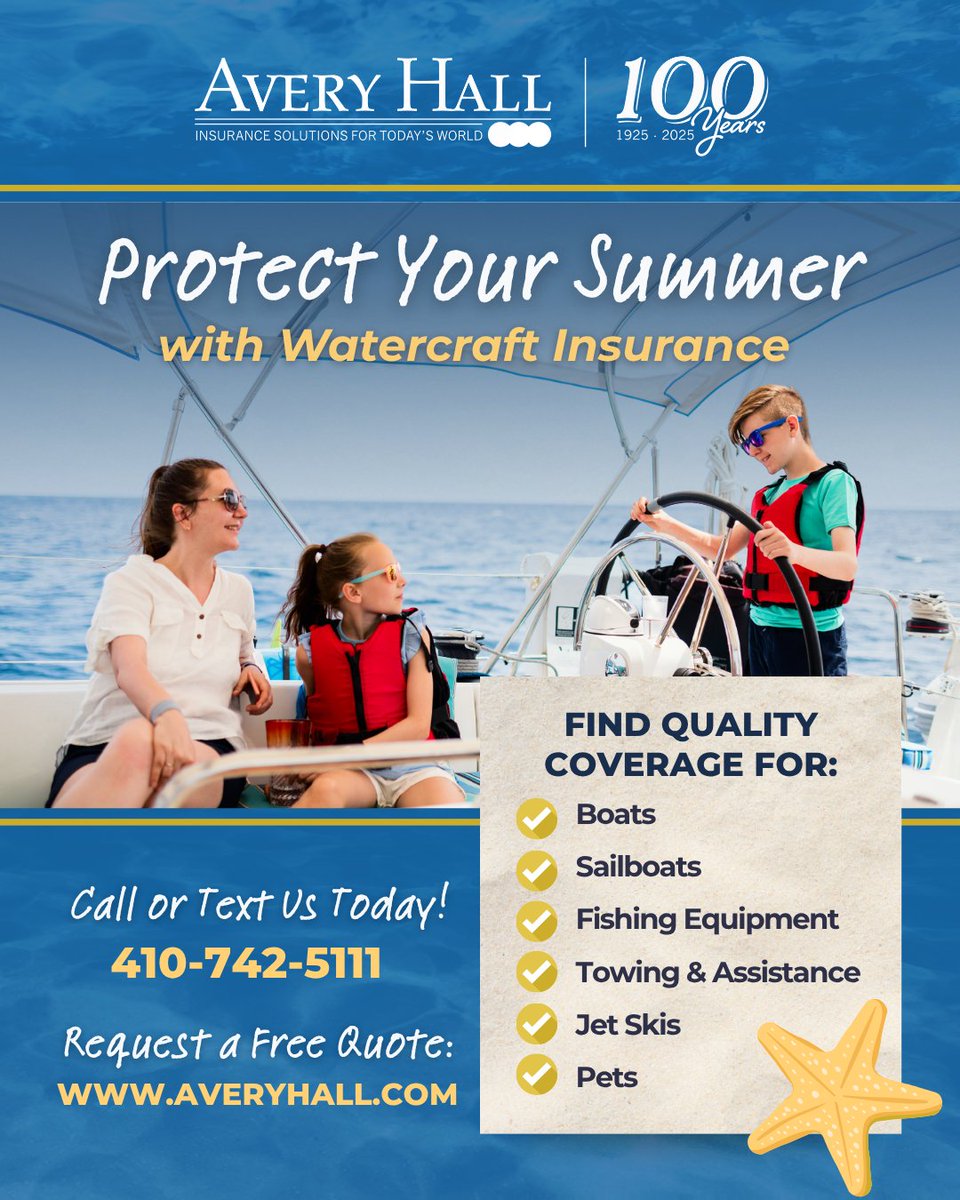 AveryHallIns's tweet image. Contact one of our experienced agents for a FREE quote for your warm weather fun at 410-742-5111, or visit averyhall.com ☀️

#boatinsurance #watercraftinsurance #protectyoursummer #happysummer #summer2025