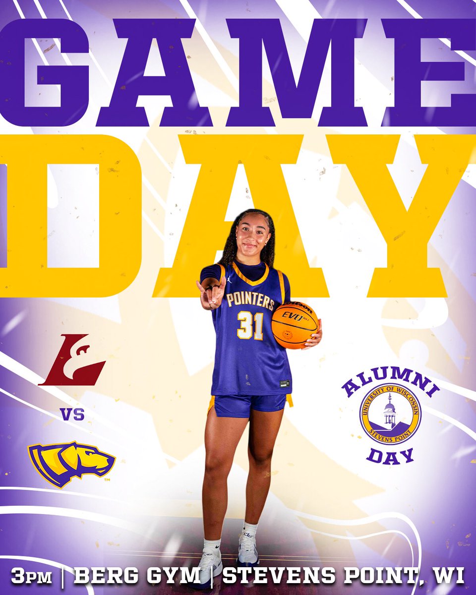 UWSPWBB's tweet photo. Get 🆙…Get 🆙…It’s GAMEDAY‼️🏀‼️   

BIG DAY — Back in Berg on a Saturday for Alumni Day 🎓#FamilyNeverGraduates 

📍 @UWStevensPoint || Berg Gym
⏰ 3:00pm
🆚 UW La Crosse
📺 https://t.co/OvSR7Jf4IQ
📻 https://t.co/AK6fSgKY23
📊 https://t.co/ocr1FBQarG

💜 #Pointers 💛 #JUICE🧃 https://t.co/K32MR1hFiu