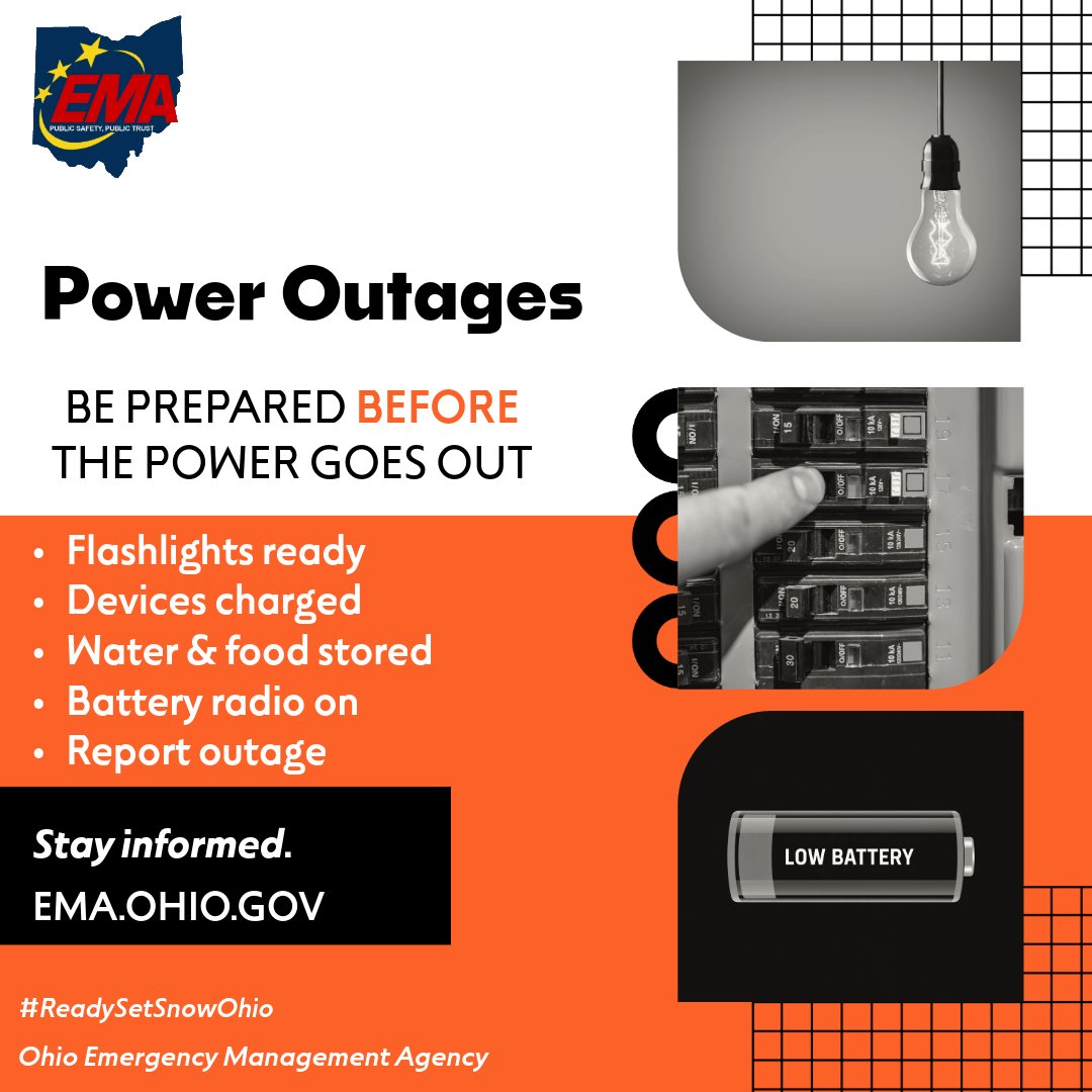 Ohio_EMA's tweet photo. Snow and ice can bring power outages. Make sure you are prepared ahead of time. Have an emergency kit, charge your devices, and know where you can go to get warm. 
Learn more about power outage safety at: https://t.co/2sTcDb26WX #OHSnow https://t.co/icTqqR5imm