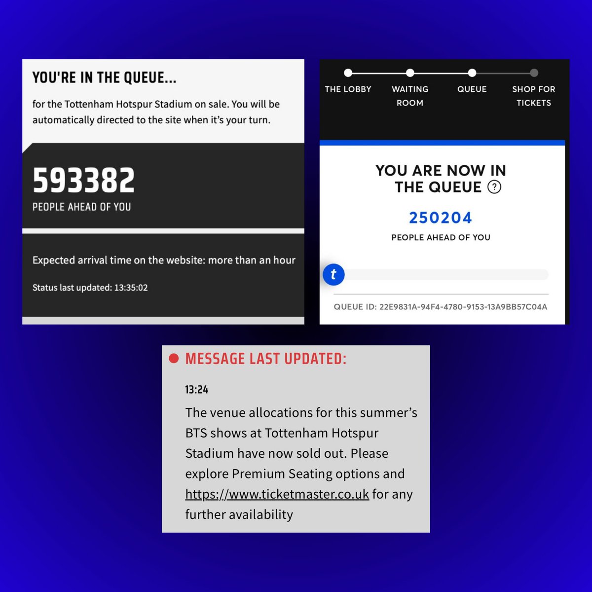 TheePopCore's tweet image. Tottenham Hotspur Stadium confirms that both London dates for BTS’s “ARIRANG” Tour are SOLD OUT.

Nearly 600K people are still waiting in the queue on the Tottenham Hotspur website, while over 200K remain in the queue on Ticketmaster.