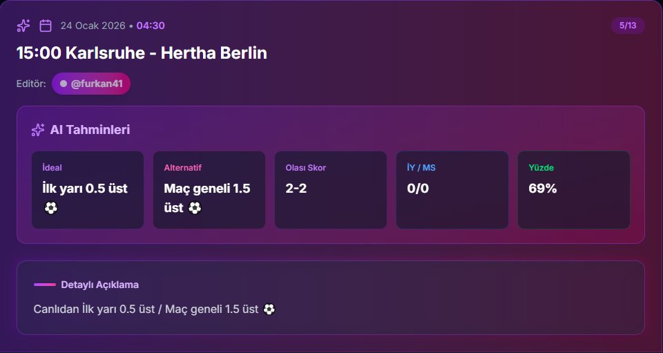 analysisdays's tweet image. 🇩🇪 SKOR TABELADA, ANALİZ NOKTA ATIŞI! 🎯

Karlsruhe - Hertha Berlin maçında veri analizimiz "2-2 Skor" dedi, sahada tam karşılığı alındı! 🔥

✅ Skor Tahmini: 2 - 2 ✍️ ✅ İdeal: İlk Yarı 0.5 ÜST ⚽ ✅ Alternatif: Maç Geneli 1.5 ÜST ⚽

Detaylar sitemizde. 🚀
