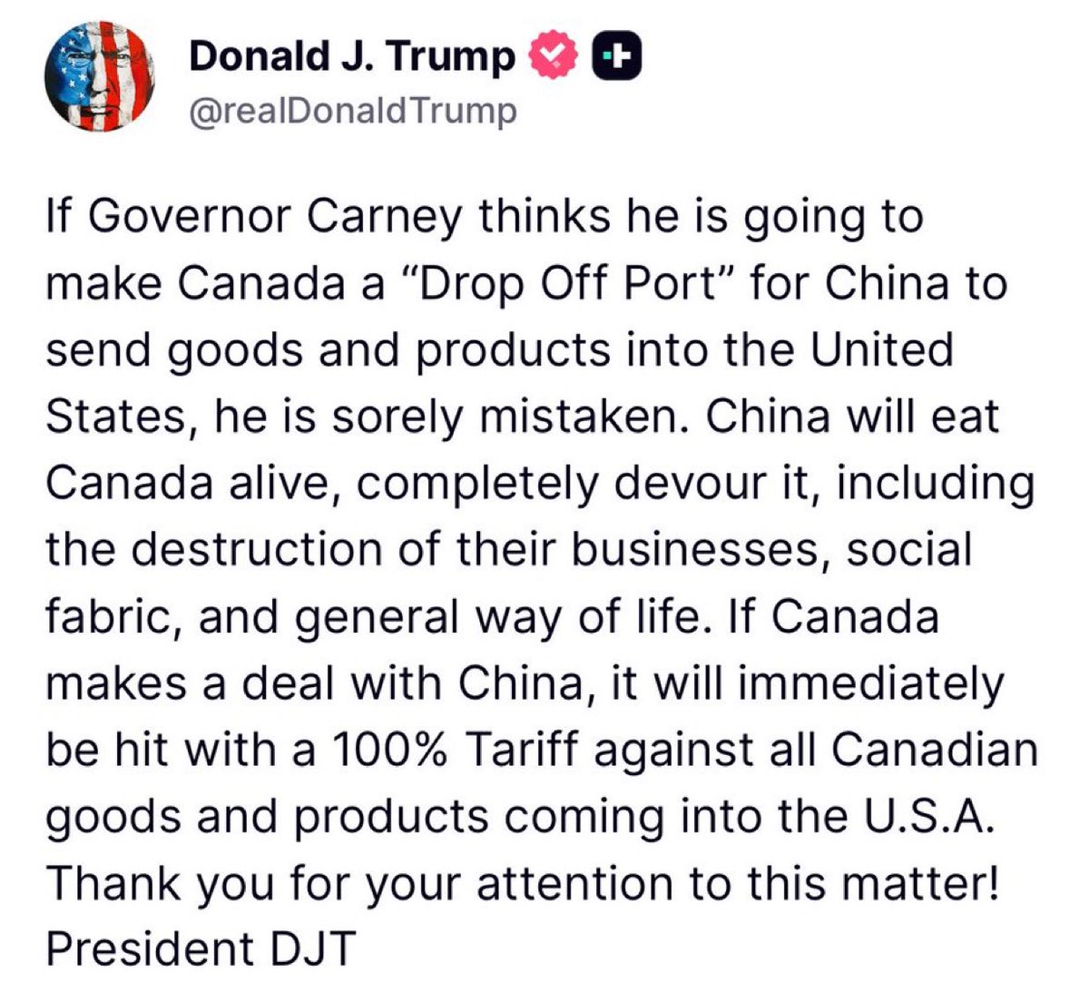 TheInsiderPaper's tweet image. BREAKING: Trump says he will put 100% tariffs on goods and products coming from Canada to U.S. if Canada makes deal with China