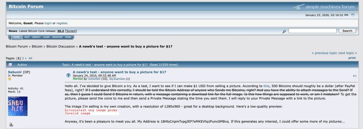 FliLaran's tweet photo. 🚨JUST IN : 🖼️Exactly 16 years ago, on January 24, 2010, a Bitcointalk user with the nickname Sabunir was the first to try to flip a picture for 500 $BTC  at that time, it was worth a measly 💸$1!

 Here is the real father of #NFT, who was simply ahead of his ⏳time by decades https://t.co/2FrydDKIVb