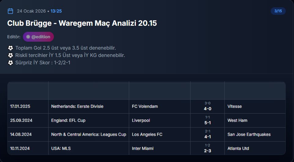 analysisdays's tweet image. 🇧🇪 Club Brügge - Waregem (20:15) ⏰

Veri analizimiz Belçika'da gol yağmuru bekliyor! 📊 Tablodaki geçmiş sonuçlar filelerin sarsılacağını söylüyor. 🦾

🎯 Bahis Önerileri:
Ana Tercih: 2.5 veya 3.5 ÜST ⚽
Riskli/Yüksek Oran: İY 1.5 ÜST VEYA KG🚀
Sürpriz Skor: İY 1-2 veya 2-1 ✍️