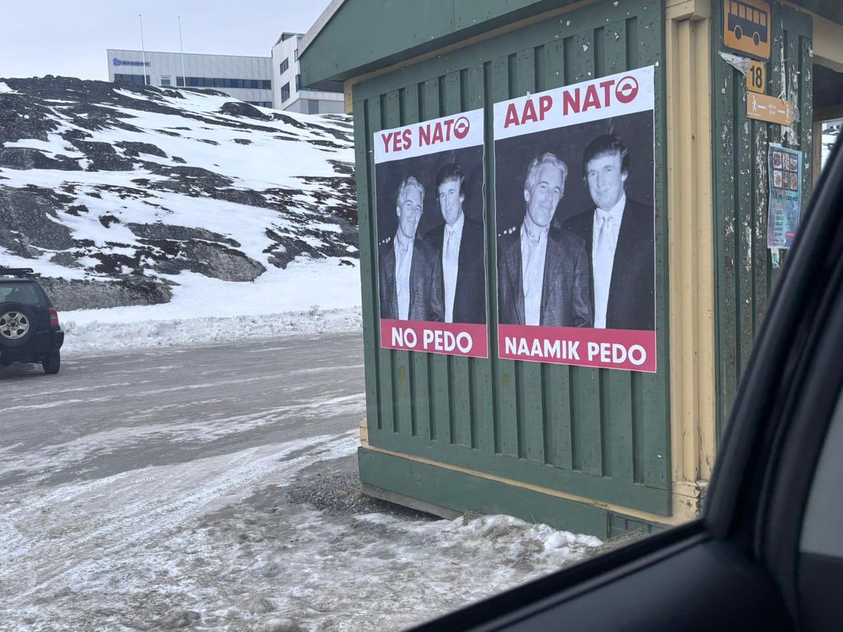 CaitlinDoornbos's tweet image. Protesters plastered Greenland with posters showing a photo of President Trump alongside Jeffrey Epstein and the slogan, “YES NATO, NO PEDO,” blasting the president’s push to acquire Greenland — even after he insisted Thursday he wouldn’t launch a military invasion.