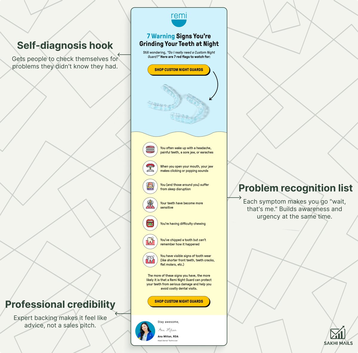 check out what remi does here

they list 7 symptoms of teeth grinding

you're reading through it going "wait i have that" and suddenly you realize you have the problem

you just diagnosed yourself and now you want the fix

that's the move - you discovered it, not them telling you