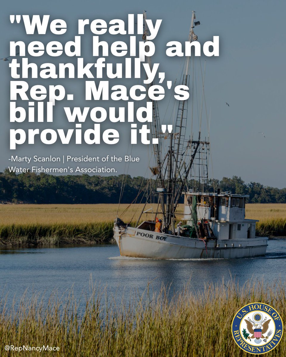 RepNancyMace's tweet photo. Our Protect American Fisheries Act cracks down on predatory foreign practices crushing our fishermen and coastal economy.

"It's become a total disaster for our fishery. We really need help and thankfully, Rep. Mace's bill would provide it." — Marty Scanlon, President of the Blue Water Fishermen's Association

American fishermen ALWAYS come first. 🇺🇸