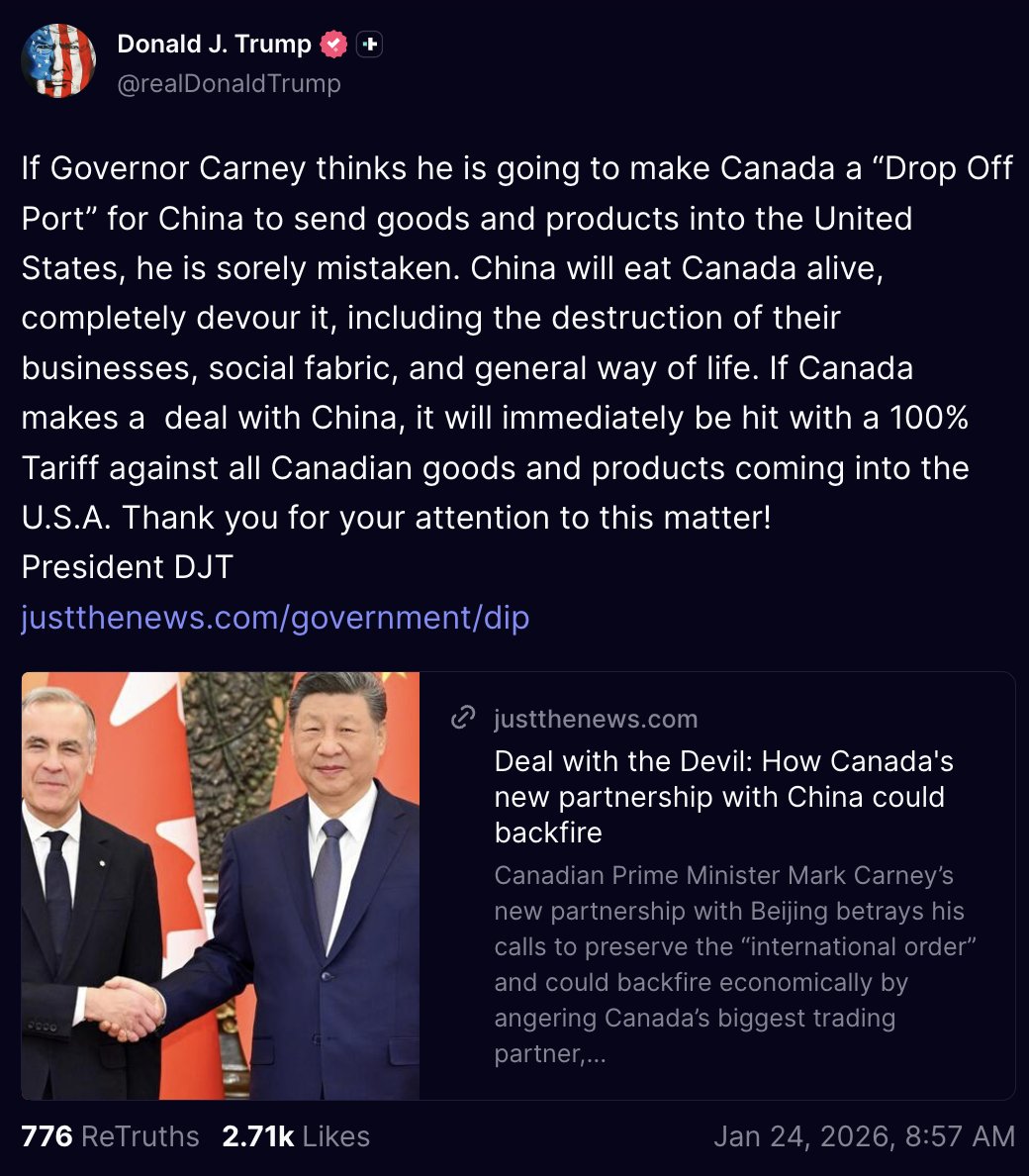 KobeissiLetter's tweet image. BREAKING: President Trump says he will impose a 100% tariff on ALL Canadian goods and products if Canada makes a trade deal with China.

Just 8 days ago, Canada announced a new "strategic partnership" with China.

We are back to step #1 of the tariff playbook.