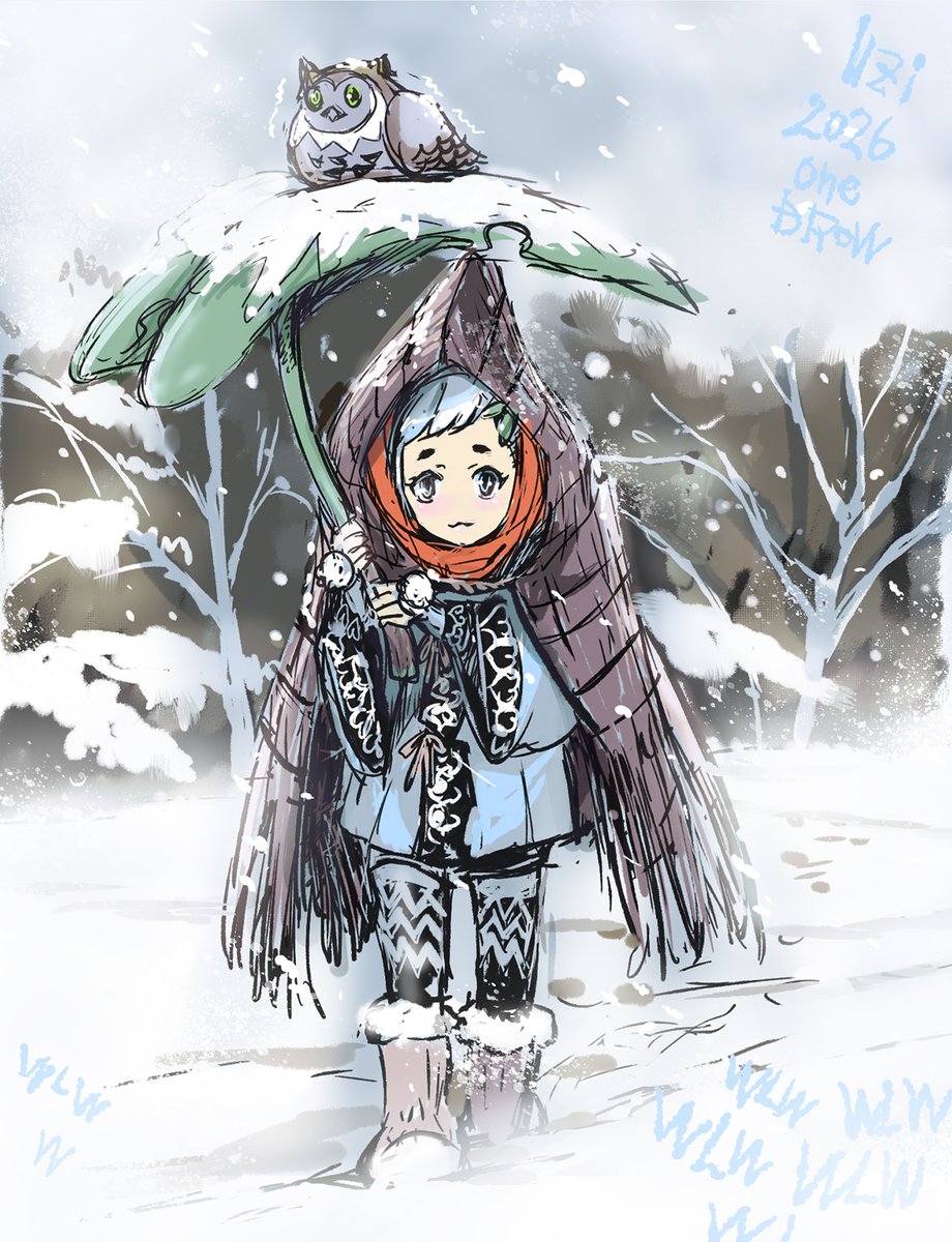 #wlw版深夜の真剣お絵描き60分一本勝負
お題「雪」
しんしんと降り積もる、それがわーの道っしょ！