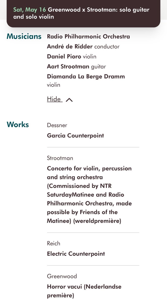 …meanwhile, Horror Vaqui will be played at “Greenwood x Strootman: solo guitar and solo violin”

Sat, May 16, 2026
concertgebouw.nl/en/concerts/89…