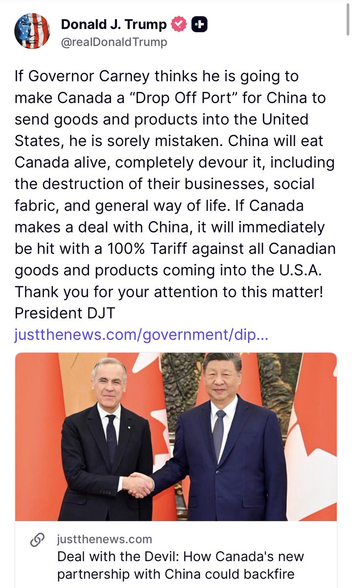 atrupar's tweet image. Trump: “If Governor Carney thinks he is going to make Canada a ‘Drop Off Port’ for China to send goods and products into the United States, he is sorely mistaken. China will eat Canada alive, completely devour it, including the destruction of their businesses, social fabric, and…