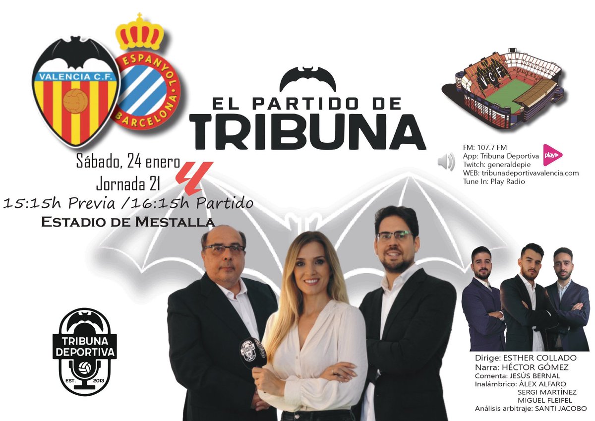 Ganar o ganar en ‘El Partido <a href="/TribunaVCF/">Tribuna Deportiva</a>'

2️⃣1️⃣ Jornada <a href="/LaLiga/">LALIGA</a> 
🏟 Mestalla
⚽️ <a href="/valenciacf/">Valencia CF</a> - <a href="/RCDEspanyol/">RCD Espanyol de Barcelona</a>
🕰 15.15h previa / 16.15h partido
📻 𝟭𝟬𝟳.𝟳 𝗙𝗠 <a href="/playradiovlc/">Play Radio Valencia</a> 
💻 tribunadeportivavalencia.com
📲 m.twitch.tv/generaldepie
📲App Tribuna/ Tunein: Play