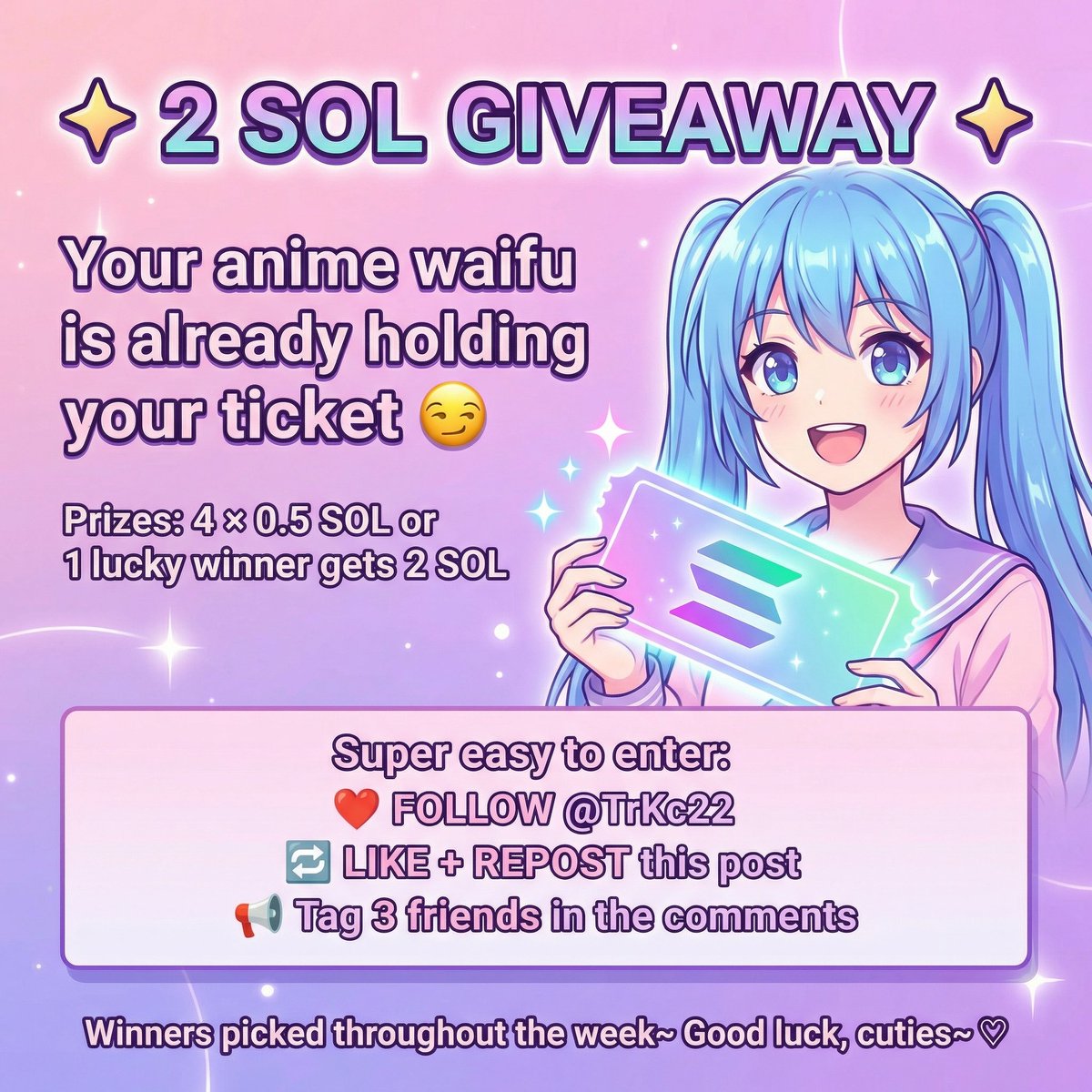 🚨GIVEAWAY🚨
2 SOL | 4x 0.5  
✅FOLLOW  <a href="/TrKc22/">KC</a> 
📷LIKE &amp; REPOST 📷
🚨 Tag 3 friends in comment(with your wallet)
Will pick the winners over next week🛎