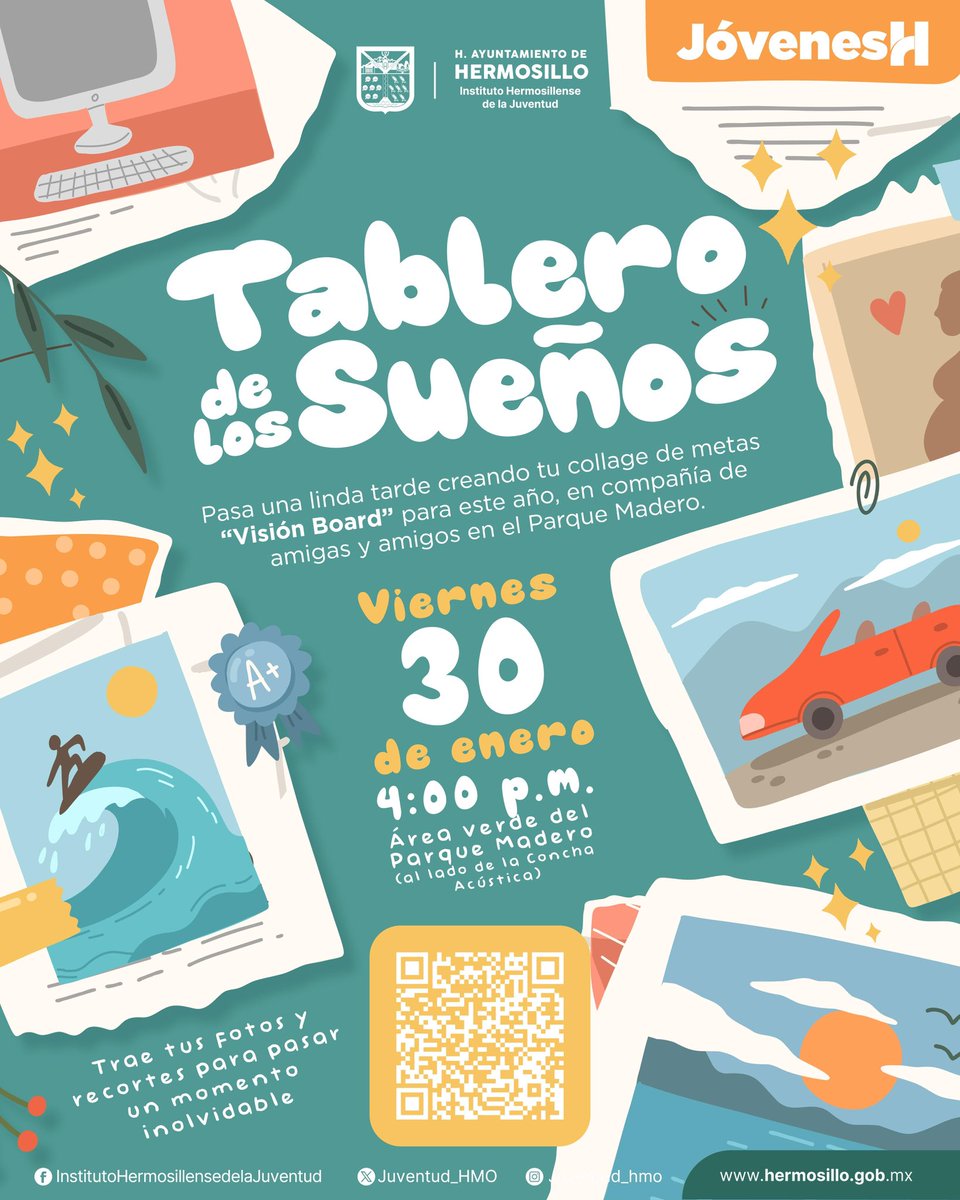 Te invitamos a crear tu “Tablero de los Sueños”, (Vision Board) y visualizar tus metas para este año en una tarde creativa junto a amigas y amigos 🌈✂️

💙En el Instituto Hermosillense de la Juventud escuchamos, atendemos e impulsamos a las y los jóvenes de Hermosillo.

#JóvenesH