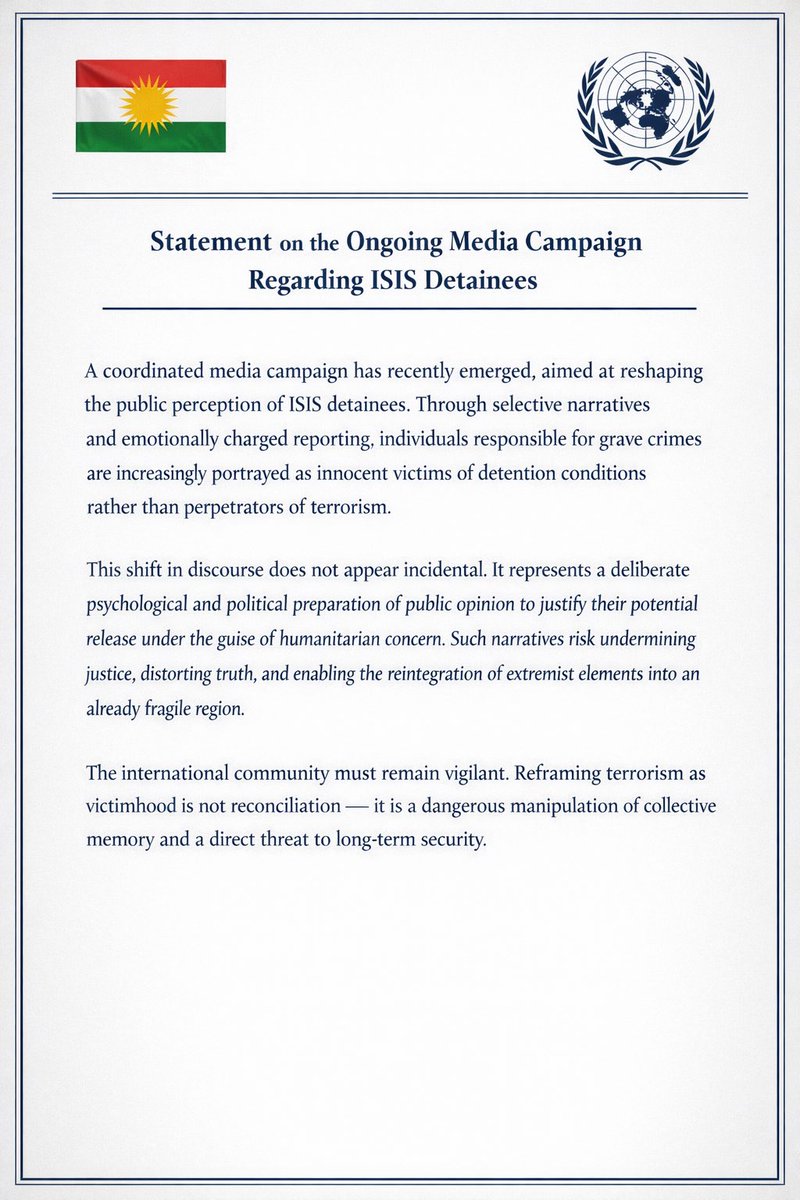 HussainGabari's tweet photo. The process of “whitewashing” the image of ISIS fighters has begun. Through selective reporting and emotionally charged narratives, their public image is being carefully polished, framing them as victims rather than perpetrators of atrocities. 
@TRobinsonNewEra
#DefendRojawa https://t.co/8x67e83YvR