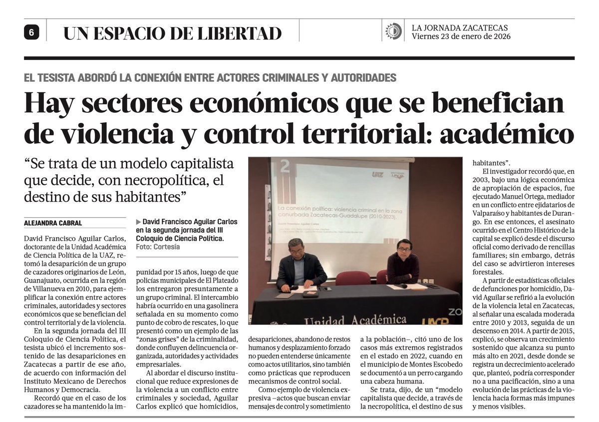 UAC_PoliticaUAZ's tweet photo. 🗣️#IIIColoquioDeCienciaPolítica de la #UACP El doctorando David Francisco Aguilar presentó su ponencia sobre la violencia criminal en Zacatecas. La periodista Alejandra Cabral de La Jornada Zacatecas recoge las ideas centrales de esta investigación. Las y los invitamos a leer: https://t.co/kYViEBiWDd