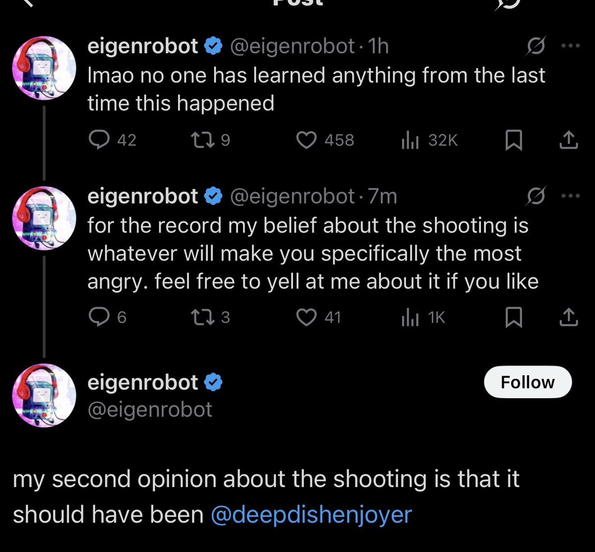 hey everyone please report eigenrobot for breaking x rules! "wish of harm" is actively prohibited and will be an option for you to select. thank you for your attention to this matter!