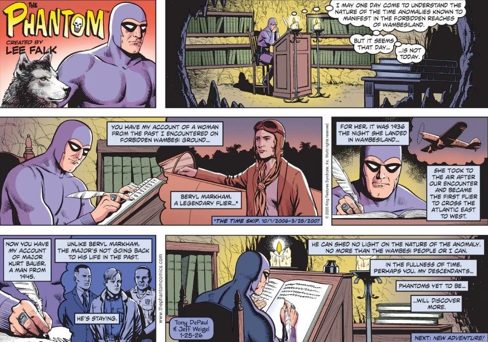 Chronicle_Tweet's tweet photo. Sunday story 196 "The Ungraved" has now ended. What do you think?
Next week starts a story on the first Phantom in his initial period as the Phantom. Looking forward to it?
Art by Jeff Weigel
#ThePhantom #Phantom #HappyPhantoming #TonyDePaul #JeffWeigel #ComicsKingdom https://t.co/tjJpmXOCdF