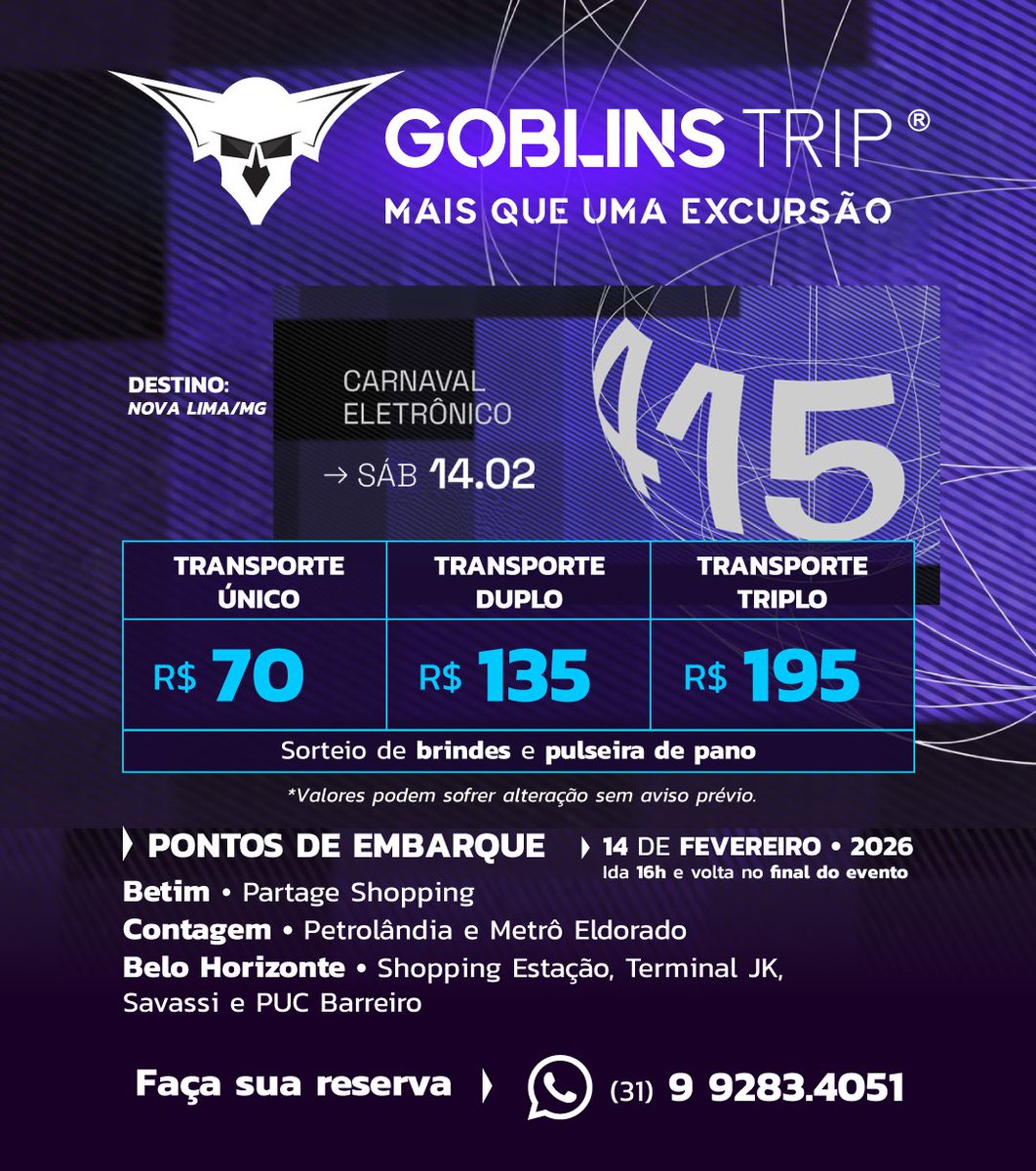 ♒️ Excursão Goblins Trip CARNAVAL CLUB 415 14/02 - BH/Contagem/Betim

♒️ Vagas limitadas! Faça ja sua reserva!
♒️ Junte amigos e ganhe descontos!
♒️ Água na ida e na volta!
♒️ Pulseira de pano exclusiva da excursão!

👇 Grupo da excursão 👇
chat.whatsapp.com/Gty5xgGDwf1D8B…