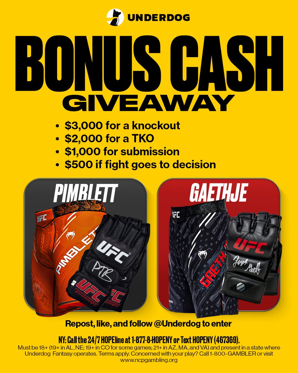 Underdog's tweet image. 🚨 BONUS CASH GIVEAWAY 🚨

We're sending out up to $3,000 based on the outcome between Justin Gaethje vs Paddy Pimblett in UFC 324...

KO = $3,000
TKO = $2,000
Submission = $1,000
Decision = $500

To enter...
1⃣ Like the post
2⃣ Repost this
3⃣ Follow us @Underdog