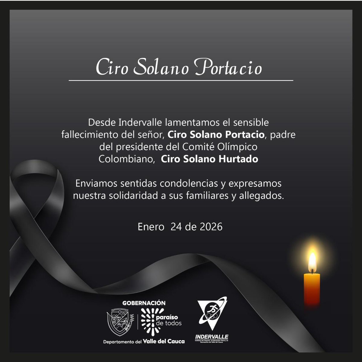 Desde Indervalle expresamos nuestras condolencias al doctor Ciro Solano  Hurtado y a su familia por el fallecimiento de su señor padre, Ciro Solano  Portacio. Acompañamos este momento con respeto y solidaridad.