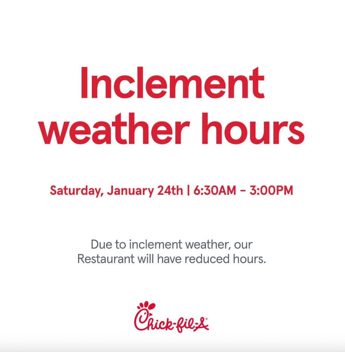 cfakingstonover's tweet image. Due to weather conditions expected, we have limited our hours today, Saturday, Jan. 24th, 2026 to closing our location @ 3:00 pm. ❄️ ⛄️ Stay tuned here for details on reopening Monday. #snowday  🏂 #limitedhours #ChickfilA #sleddingintn #cfaturkeycreek #cfakingstonoverlook