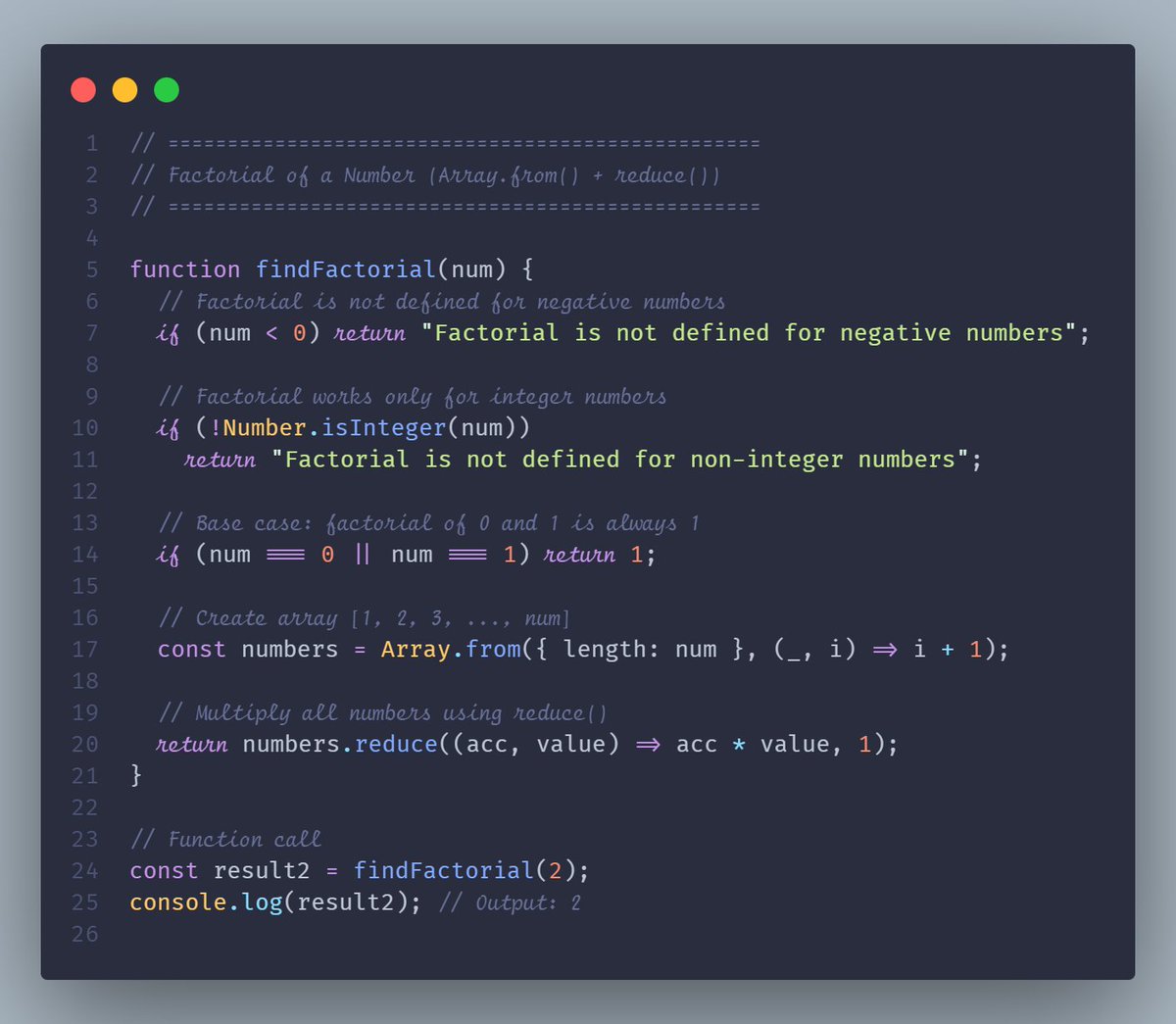 iamvishalbrow's tweet photo. JavaScript Daily Challenge – Day 7 🚀

Factorial in a more “modern JS” way ....

Using Array.from() + reduce().

Clean + functional style, but is it better than loops? 🤔

What would you prefer in real projects?

#JavaScript #CodeDaily #Day7 #JSInterview https://t.co/AvcbCMOVPm