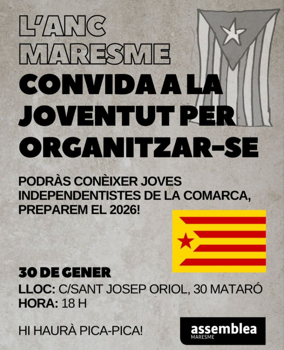 Joves independentistes del Maresme conviden a una trobada per conèixer altres joves del Maresme, compartir idees i començar a organitzar el territori cap al 2026.

30 de gener, 18h  
C/Sant Josep Oriol 30, Mataró 

Més info: beacons.ai/assembleajoves