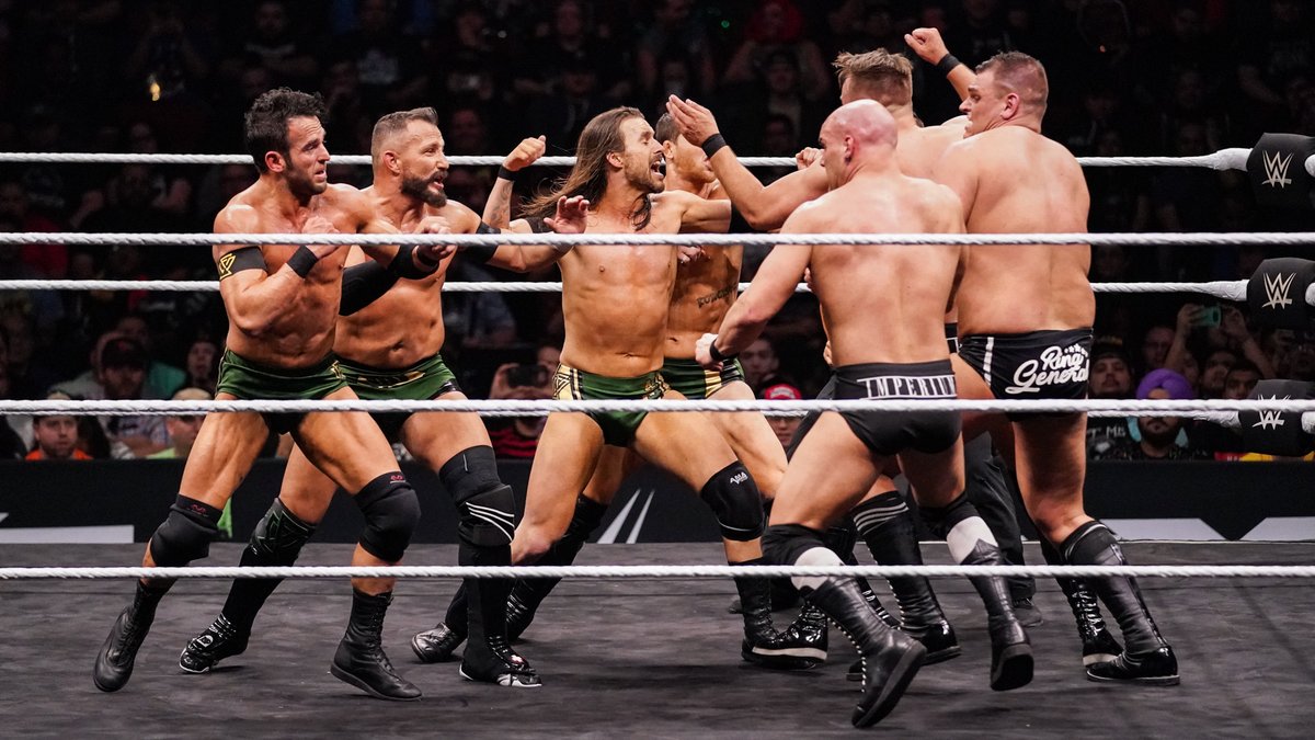 NXTUK_Legacy's tweet photo. Jan. 25, 2020:
At Toyota Center, #NXTUK's #IMPERIUM (@Gunther_AUT, @wwe_kaiser, @VinciWWE, #AlexanderWolfe) defeated #WWENXT's #UndisputedERA (@AdamColePro, @KORcombat, @roderickstrong, @theBobbyFish) in the 8-Man Tag Team main event match of #WorldsCollide.
๐ธ WWE https://t.co/3b3bzhBjEW