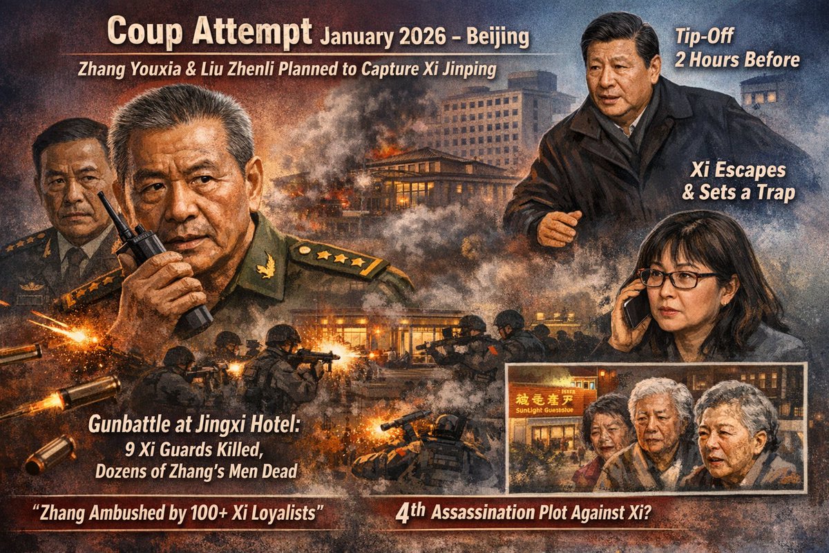 🔥Zhang Youxia Arrested After Failed Coup Attempt; Gunfight Reportedly Occurred at Jingxi Hotel in Western Beijing

The following information was released by Canada-based writer Sheng Xue <a href="/ShengXue_ca/">盛雪SHENG Xue</a>. She said that on January 19, a friend of hers, identified as Mr. X, informed