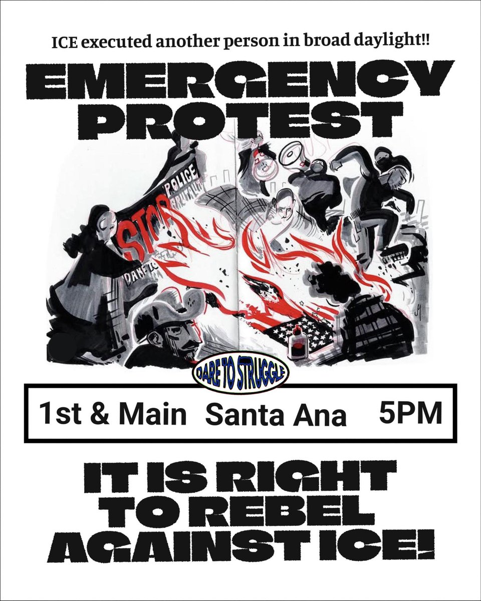 🚨EMERGENCY PROTEST TONIGHT 🚨
5pm, 1st &amp; Main, Downtown Santa Ana 

IT IS RIGHT TO REBEL AGAINST ICE
ICE MELTS WHEN THE STREETS GET HOT

Jail the killer ICE/CBP pigs! Jail Greg Bovino! 
#FuckICE #ChingaLaMigra #SantaAna #OrangeCounty #SoCal #Minneapolis