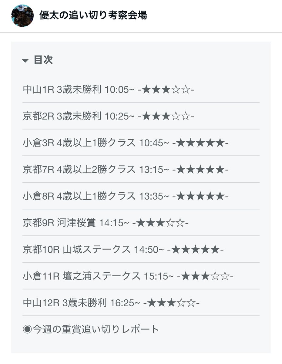AJCC&プロキオンSデー🏆 🔽1/25(日)◎追い切り党の軸馬まとめです 厳選馬◎9頭📘 更に厳選した◎4頭は下記✍️  【小倉3R】朝イチの好追い切り馬特選◎ 【京都7R】午後イチの好追い切り馬特選その①◎ 【小倉8R】午後イチの好追い切り馬特選その②◎  【京都10R】メイン前の ...