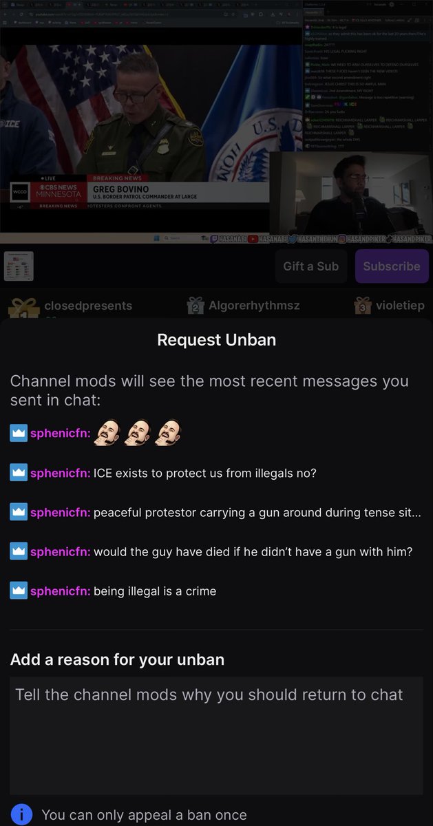Banned from Hasan’s chat for having the most mild takes. This feels like an achievement