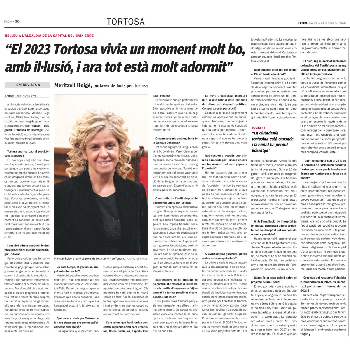 Us convido a llegir l'entrevista que em fa el Setmanari l'Ebre per parlar de l'actualitat de #Tortosa 👇🏼