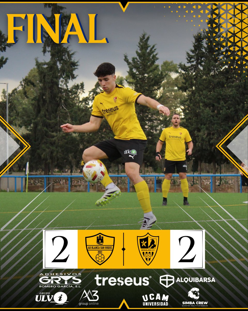 //FINAL//

Final en Blanca con reparto de puntos entre ambos equipos 🟰

Nuestro Senior suma un punto a domicilio en un campo complicado 👏🏻

Toca pensar en el siguiente amarillos💛🖤