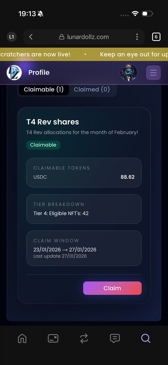 Just claimed my juicey t4 revshares over <a href="/LunardollzNft/">✨The LunarVerse ☄️</a> paying out early again ain’t no platform like the lunarverse out there jump in touch base come print with me #solana