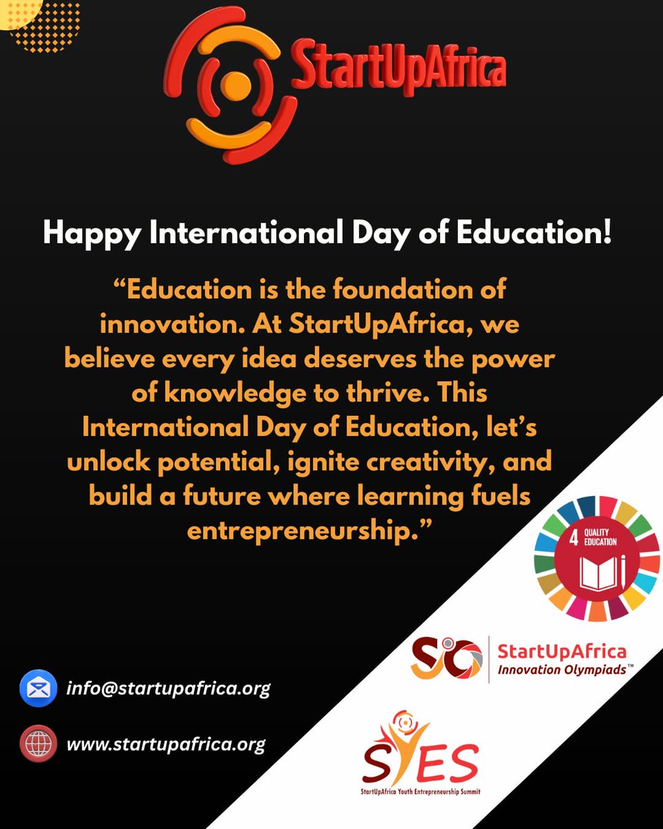 StartupAfrika's tweet photo. Unlocking minds, igniting innovation—this International Day of Education, we celebrate knowledge as the spark of entrepreneurship.

#SUA@15 #SIO2026 https://t.co/XCV3fXcyE4