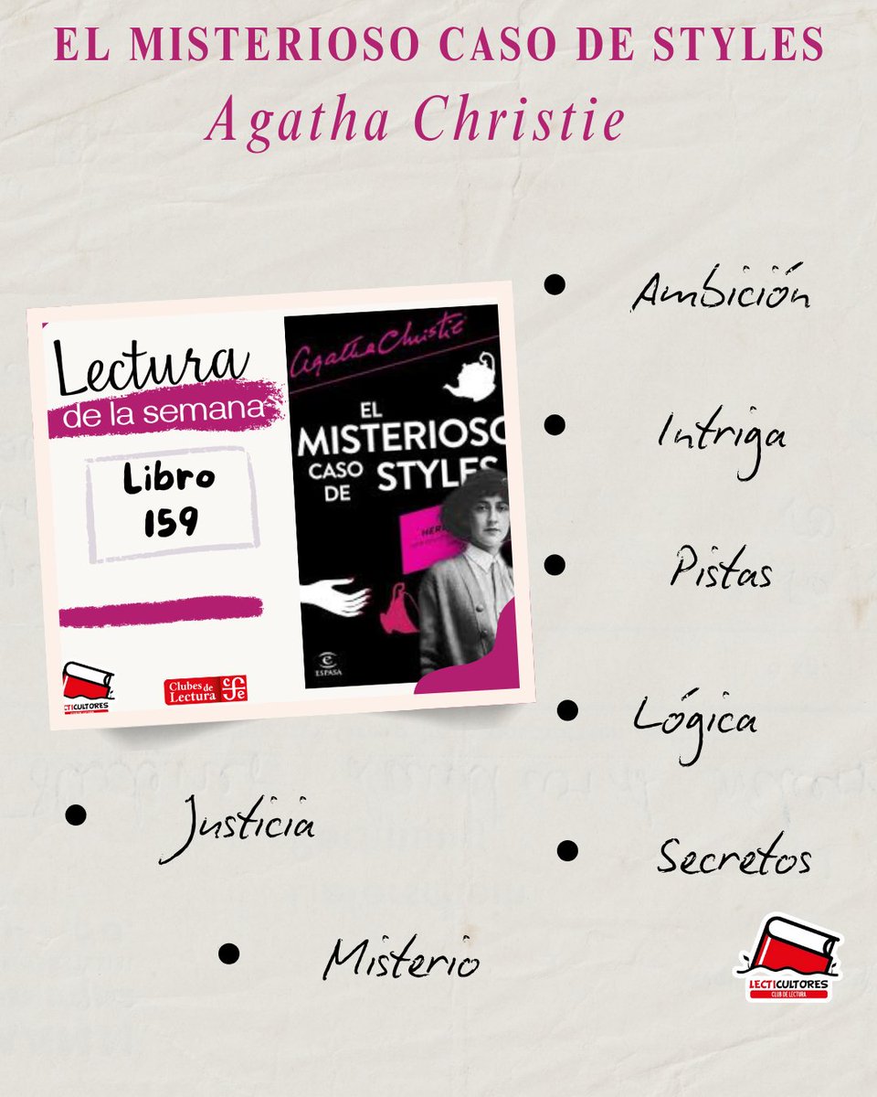 Palabras clave para describir el libro de la semana. 

#Lectirreunión #elmisteriosocasodestyles #agathachristie
#LecturaDeLaSemana
#LibroRecomendado
#LeerTransforma

#SomosClubesDeLecturaFCE 
#LecticultoresClub 
 #Leer #Books
#Literatura #repúblicadelectores
