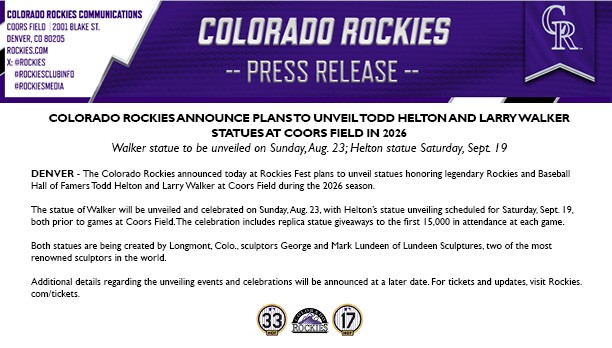RockiesClubInfo's tweet image. The Colorado Rockies announced today at Rockies Fest plans to unveil statues honoring legendary Rockies and Baseball Hall of Famers Todd Helton and Larry Walker at Coors Field during the 2026 season.