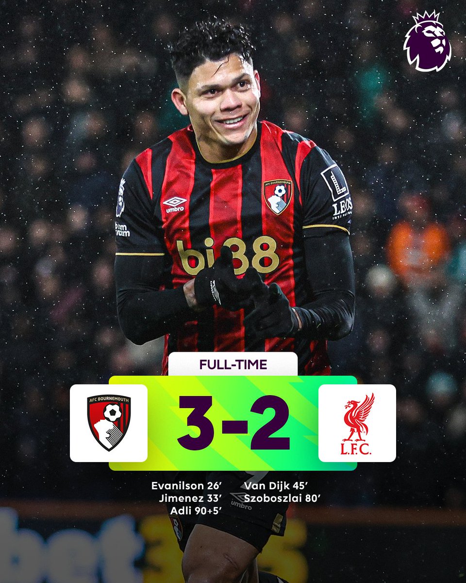 premierleague's tweet image. A dramatic last-minute victory for @afcbournemouth against Liverpool 😱