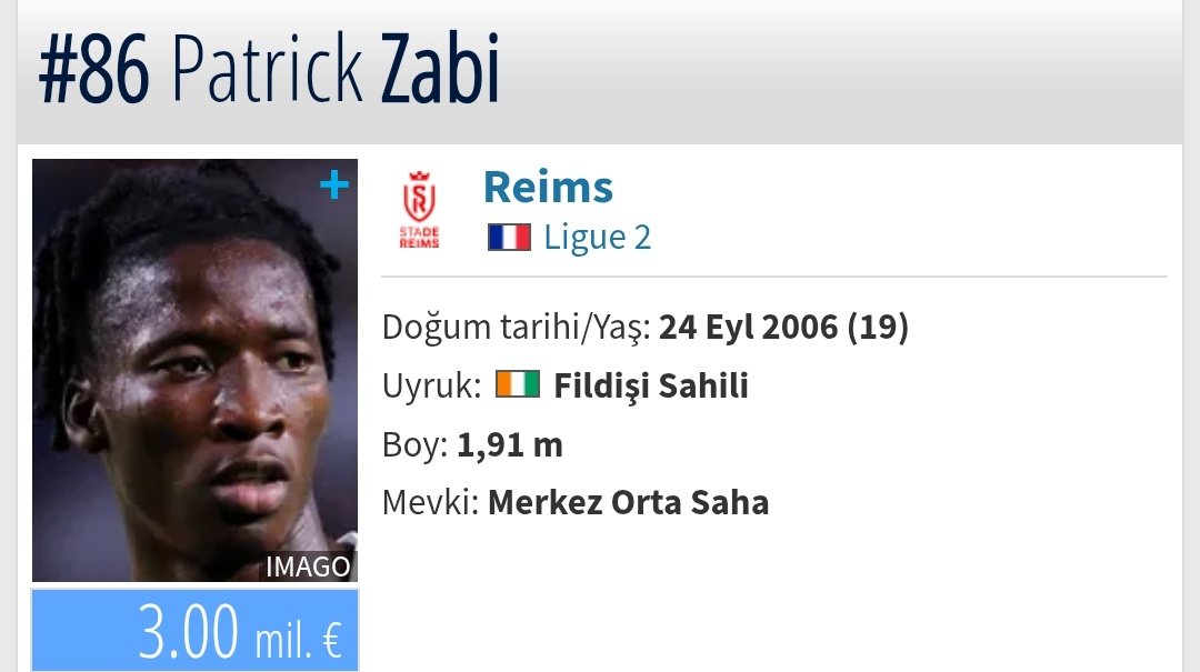Cidden merak ediyorum Patrick Zabi için Reims'e 30 versek alamaz mıyız?
Oulai'nin 1,90 olanından.
Patrick Zabi objektif olarak söylüyorum. Oulai'den çok daha iyi topçu.
İddia ediyorum Patrick Zabi 2 seneye kalmaz 100-150 milyon € değerlere ulaşacak
Alın şu Patrick Zabi'yi