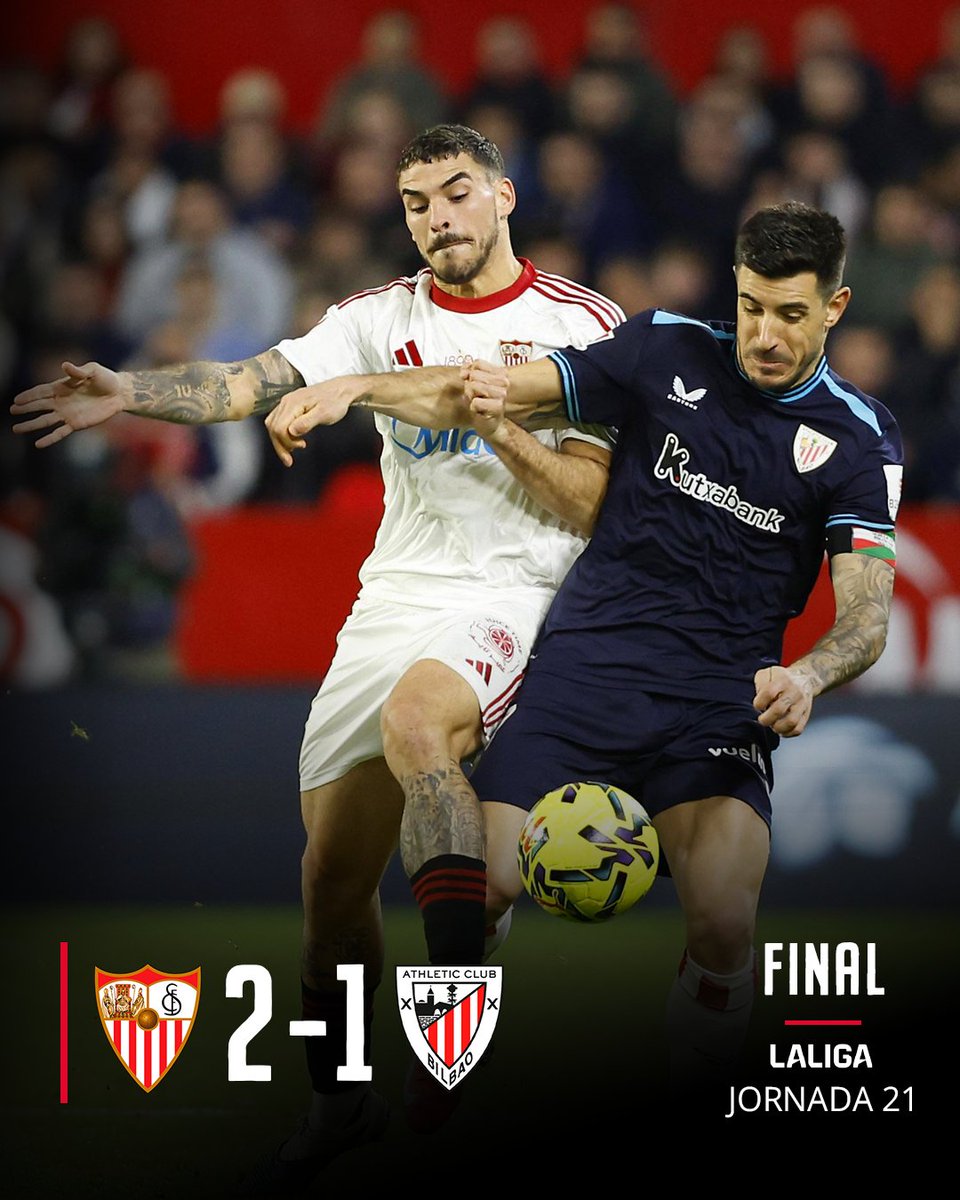 AthleticClub's tweet image. 🔚 𝗙𝗜𝗡𝗔𝗟 

Derrota en el Ramón Sánchez-Pizjuán. 

#SevillaAthletic #AthleticClub 🦁