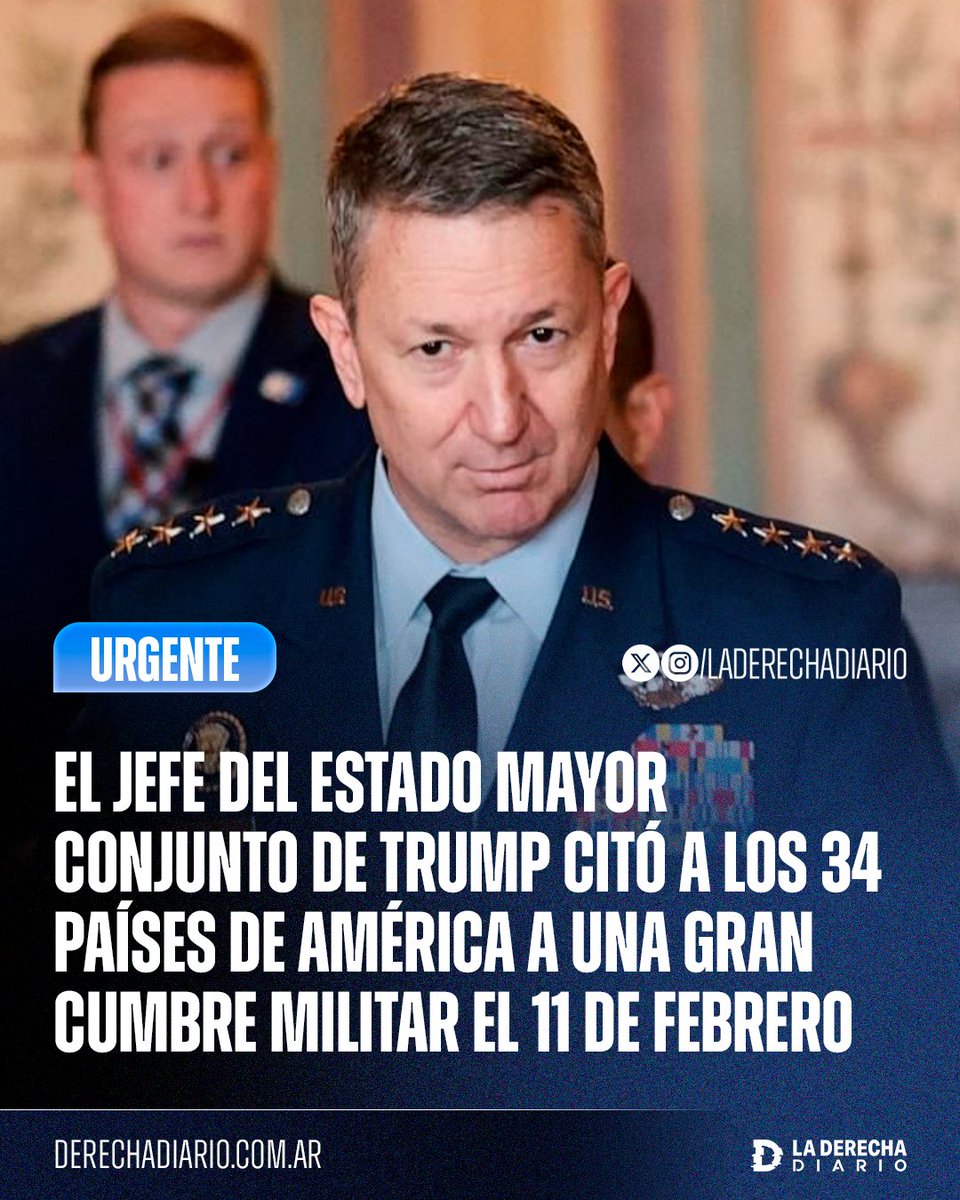 laderechadiario's tweet image. 🌎🇺🇸 | #URGENTE El Jefe del Estado Mayor Conjunto de Trump, Dan Caine, citó a los 34 países de América a una gran cumbre militar para el 11 de febrero, con el objetivo de consolidar una alianza estratégica en el continente con el liderazgo de los Estados Unidos.