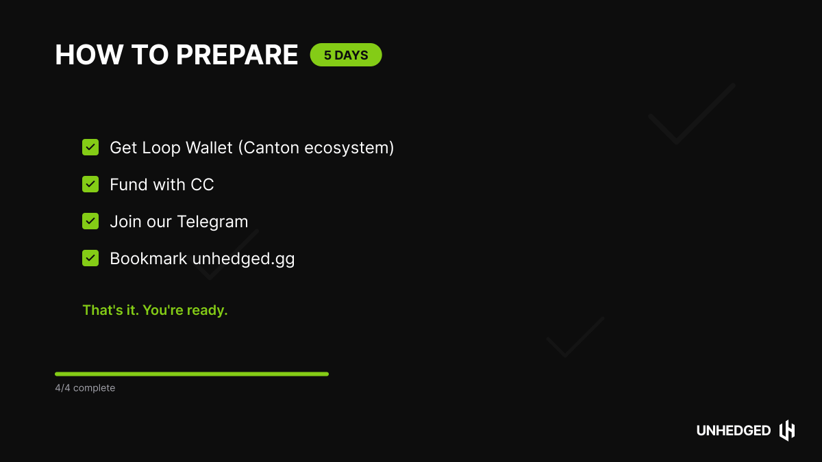 UnhedgedHQ's tweet photo. How to prepare for February 1st:

1. Get Canton ecosystem wallet we support
2. Fund with CC
3. Join our Telegram
4. Bookmark https://t.co/xdm5QT0f3r

That's it. You're ready.

5 days.