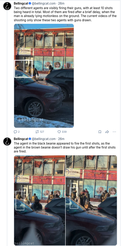 rgoodlaw's tweet image. Bellingcat is gold standard

"Video of the shooting appears to show that a gun was taken from the man BEFORE THE FIRST shot was fired."

"At least 10 shots being heard in total. Most of them are fired after a brief delay, when the man is already lying motionless on the ground."
